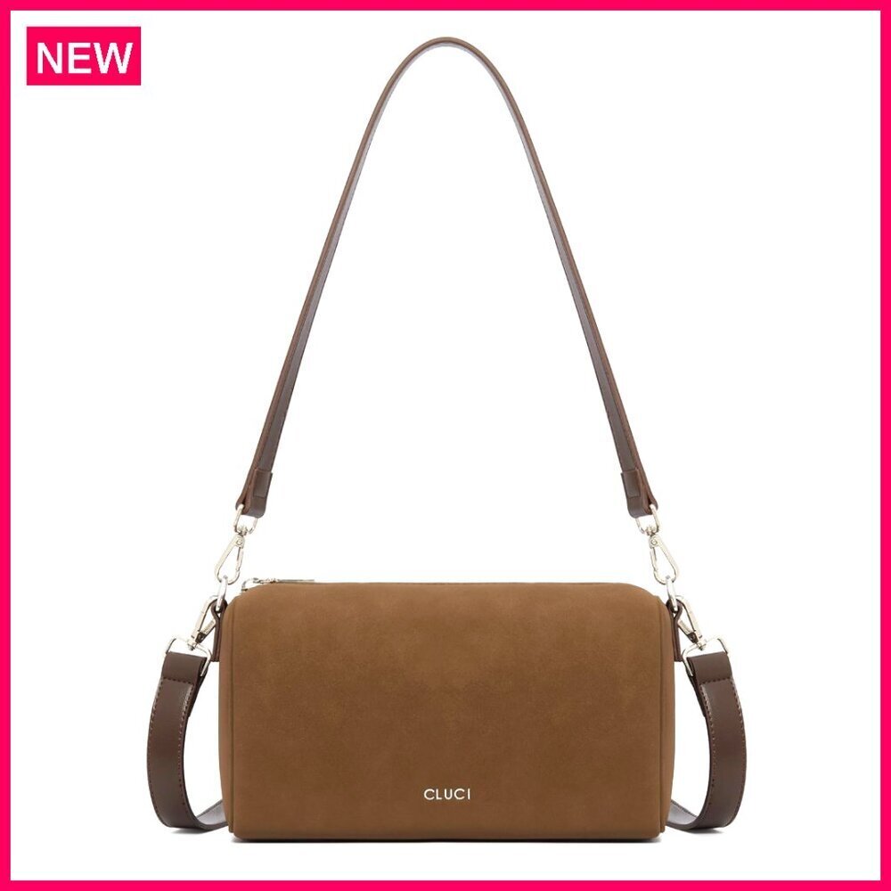 Minimalist Barrel Crossbody Purse with 2 Detachable Straps, Vegan Leather